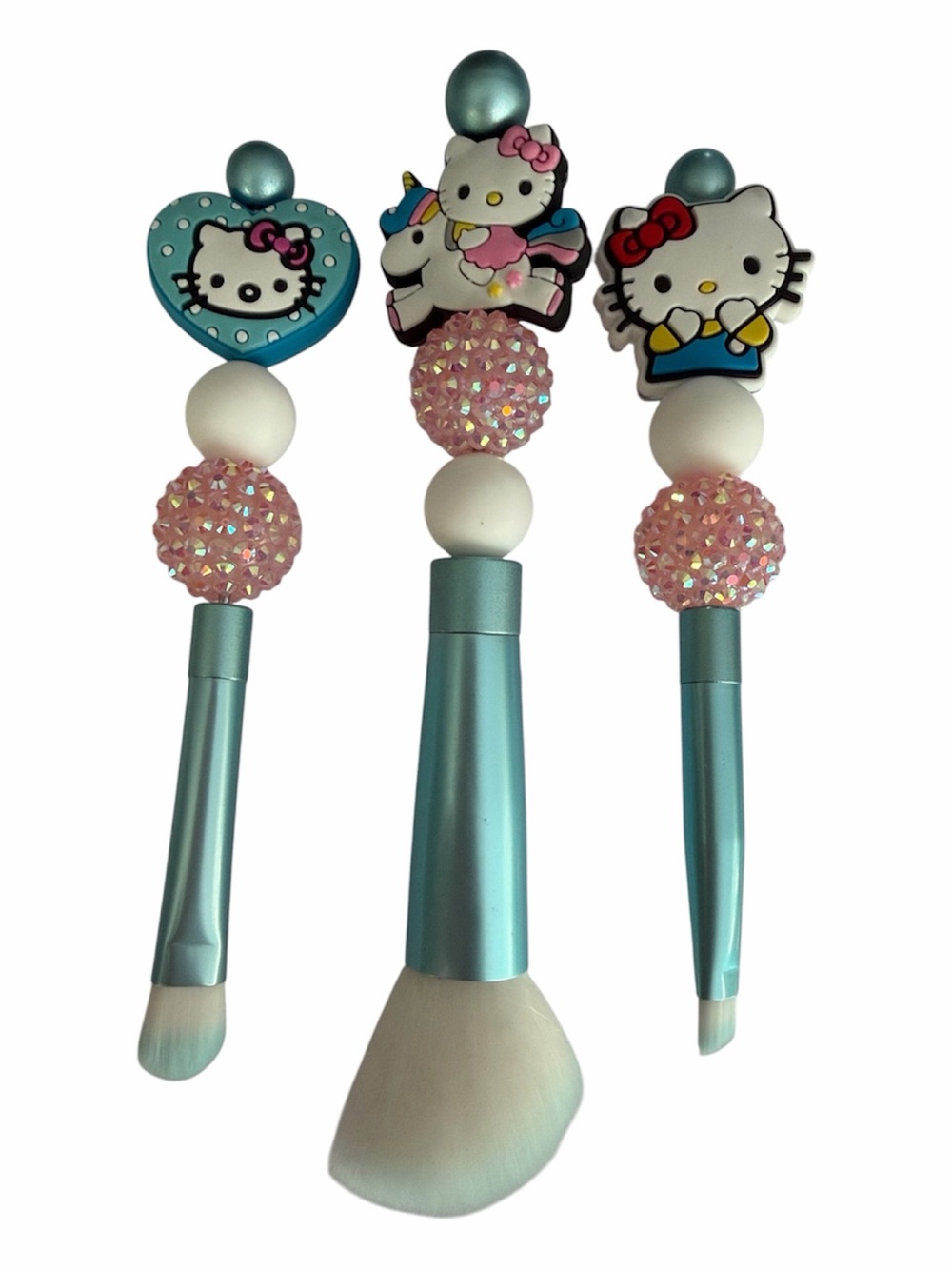 Hello Kitty Makeup Brush Set Beaded Pink Aqua White Riding Unicorn Polka Dots